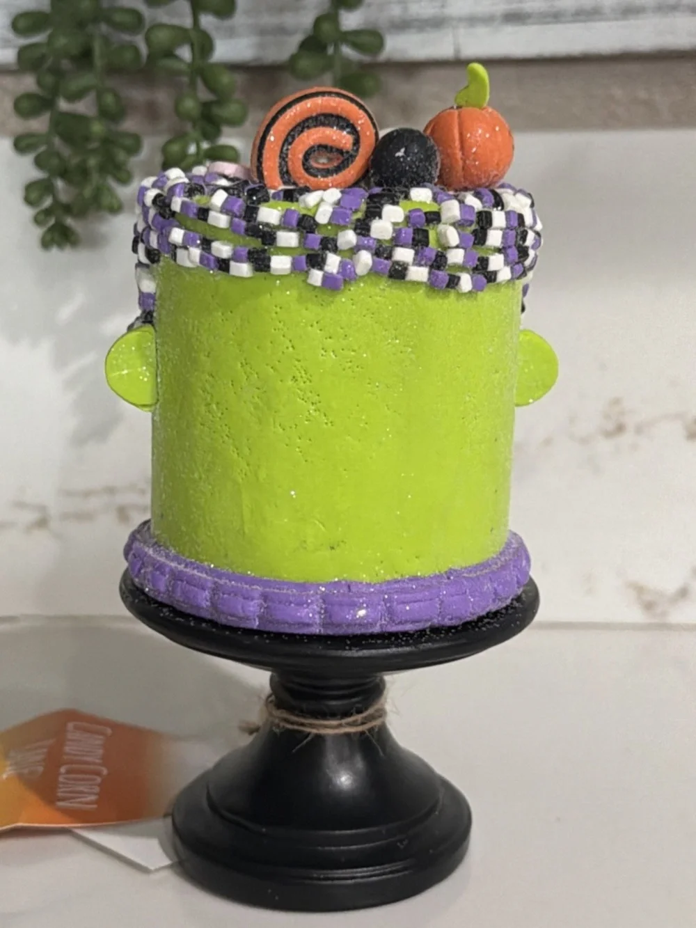 Halloween Candy Corn Lane Glittered Mini FRANKENSTEIN Cake on Stand 6